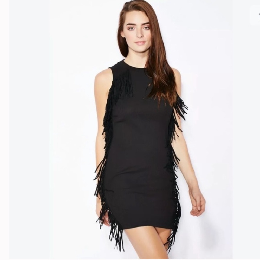 TOPSHOP Tassels Fringe Ribbed Black Dress